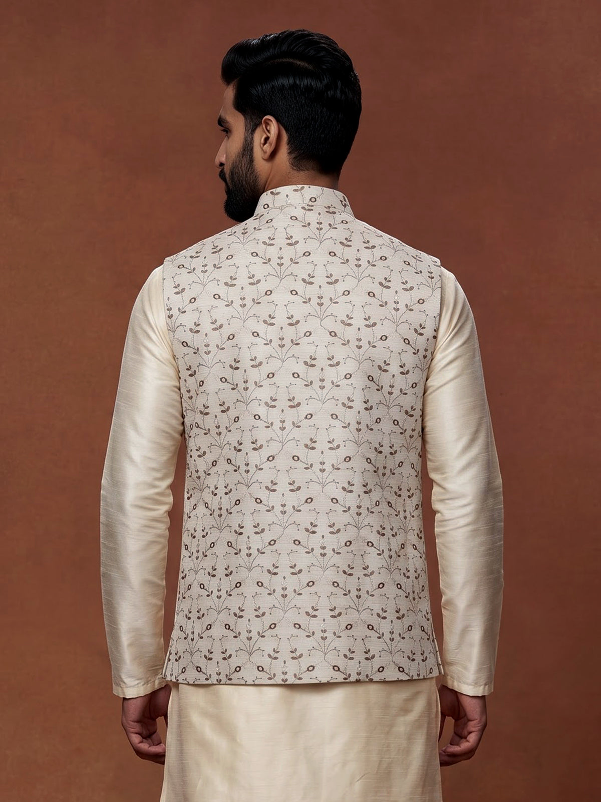 Off-white cotton silk waistcoat with elegant embroidered detailing for mens