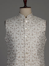 Off-white cotton silk waistcoat with elegant embroidered detailing for mens