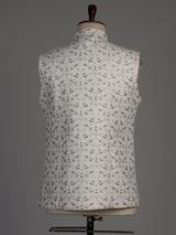 Off-white cotton silk waistcoat with elegant embroidered detailing for mens