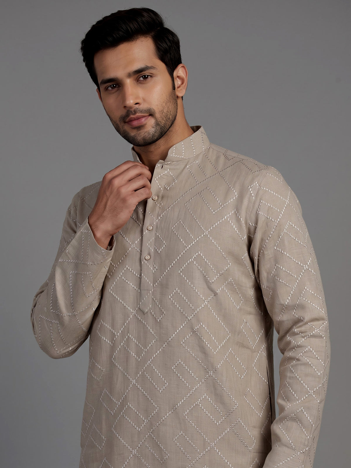 Beige cotton chinese collar kurta with elegant textured for mens