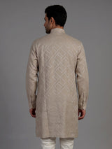 Beige cotton chinese collar kurta with elegant textured for mens