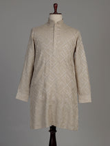 Beige cotton chinese collar kurta with elegant textured for mens