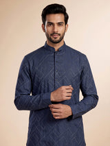 Classic blue cotton chinese collar kurta for mens