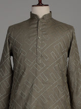 Sage green cotton chinese collar kurta for mens