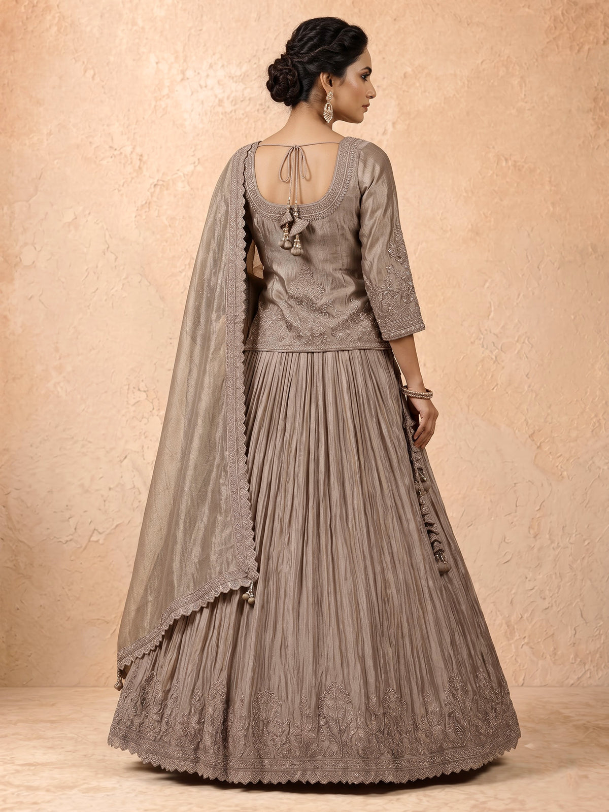 Pastel grey tissue silk lehenga choli with stone and zardosi work