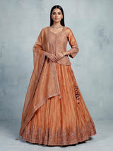 Pastel peach tissue silk lehenga choli with embellished sweetheart neckline