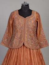 Pastel peach tissue silk lehenga choli with embellished sweetheart neckline