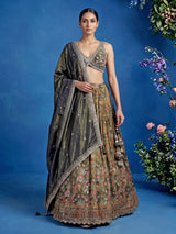 Mehendi green silk floral printed lehenga choli
