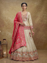 Cream silk lehenga choli with resham aabla and zari yoke
