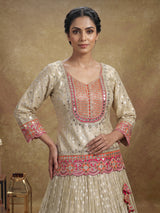 Cream silk lehenga choli with resham aabla and zari yoke