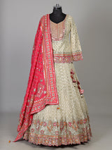 Cream silk lehenga choli with resham aabla and zari yoke