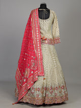 Cream silk lehenga choli with resham aabla and zari yoke
