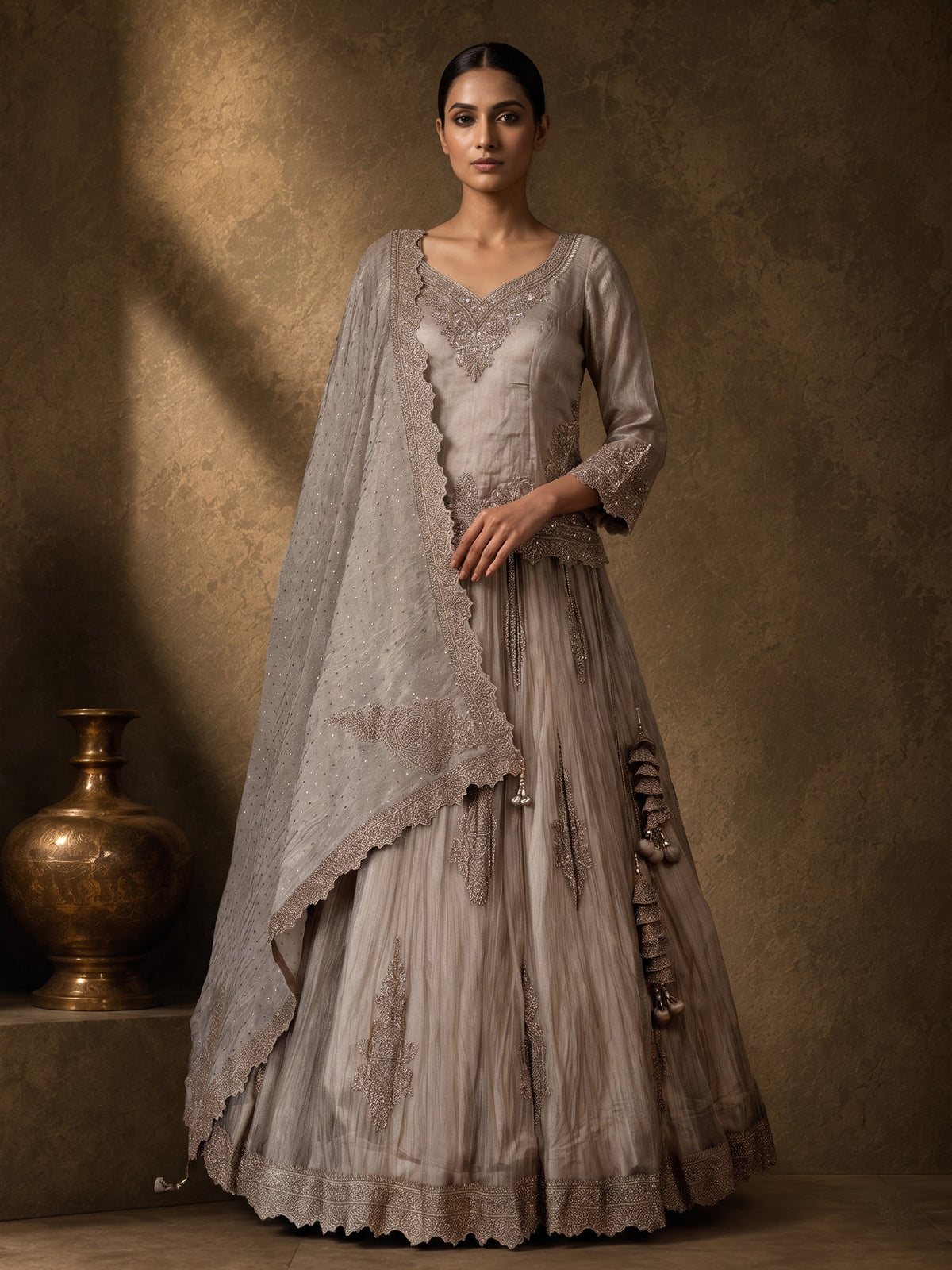 Pastel grey tissue silk lehenga choli with cutdana and stone work