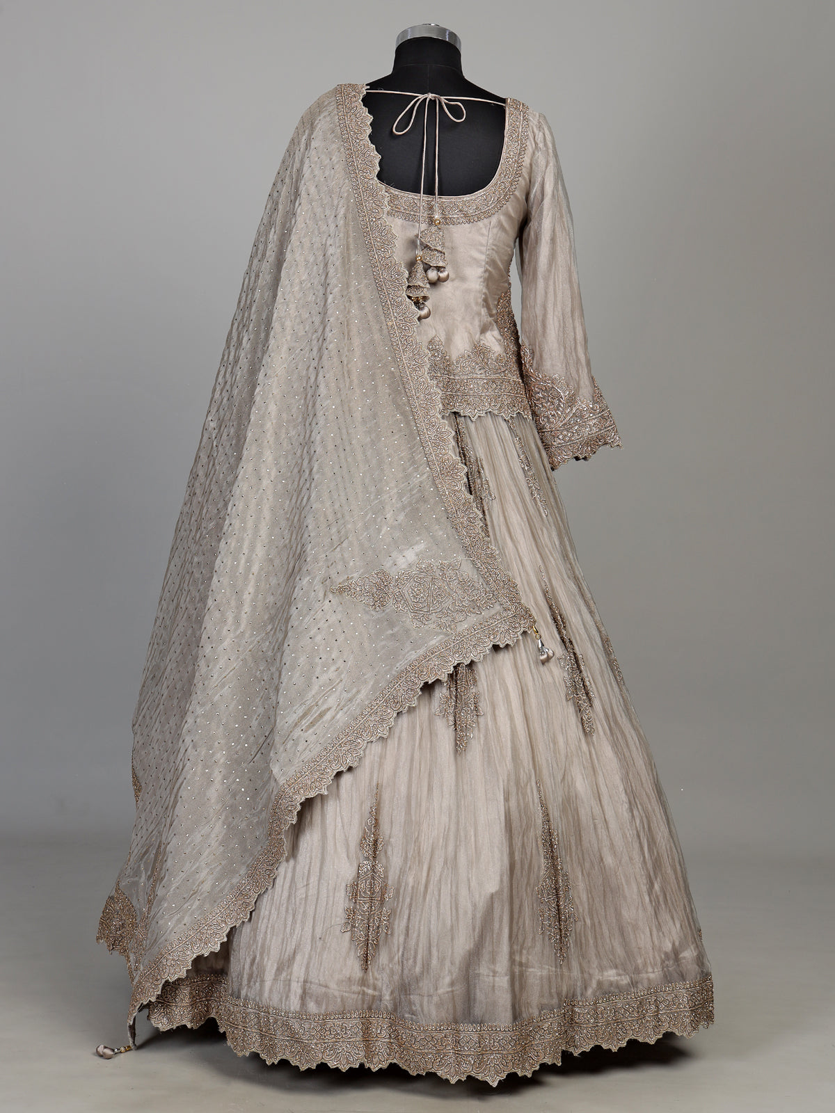 Pastel grey tissue silk lehenga choli with cutdana and stone work