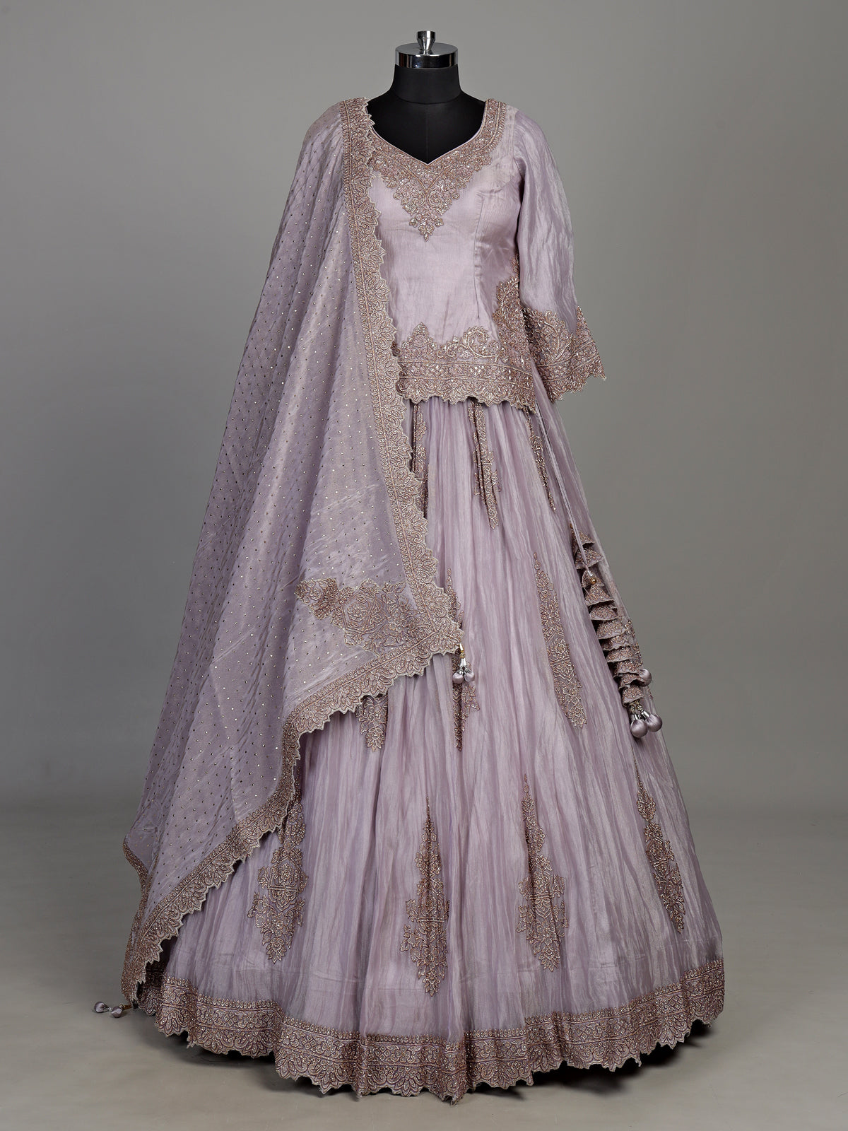 Lilac purple tissue silk lehenga choli with ornate zardosi work