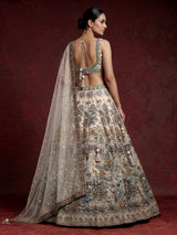 Cream silk printed lehenga choli with intricate zardosi and gota work