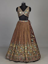 Pastel brown silk floral printed lehenga choli with mirror embellishments