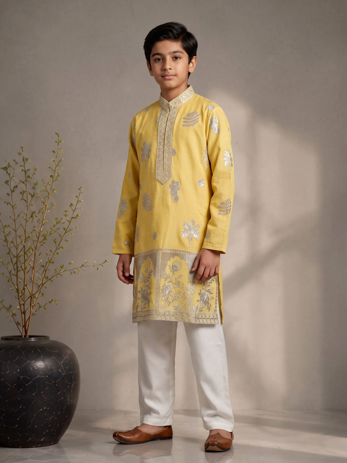 Bright mustard yellow dupion silk blend boys kurta suit with silver embroidery