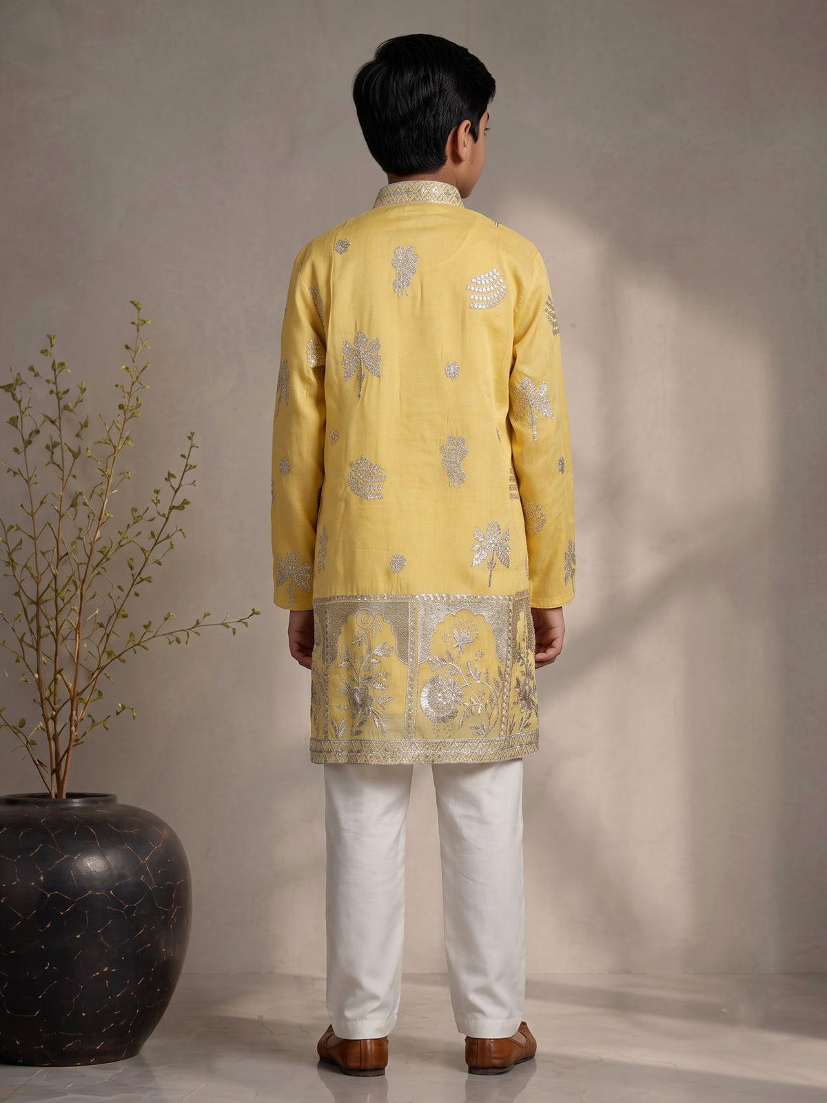 Bright mustard yellow dupion silk blend boys kurta suit with silver embroidery