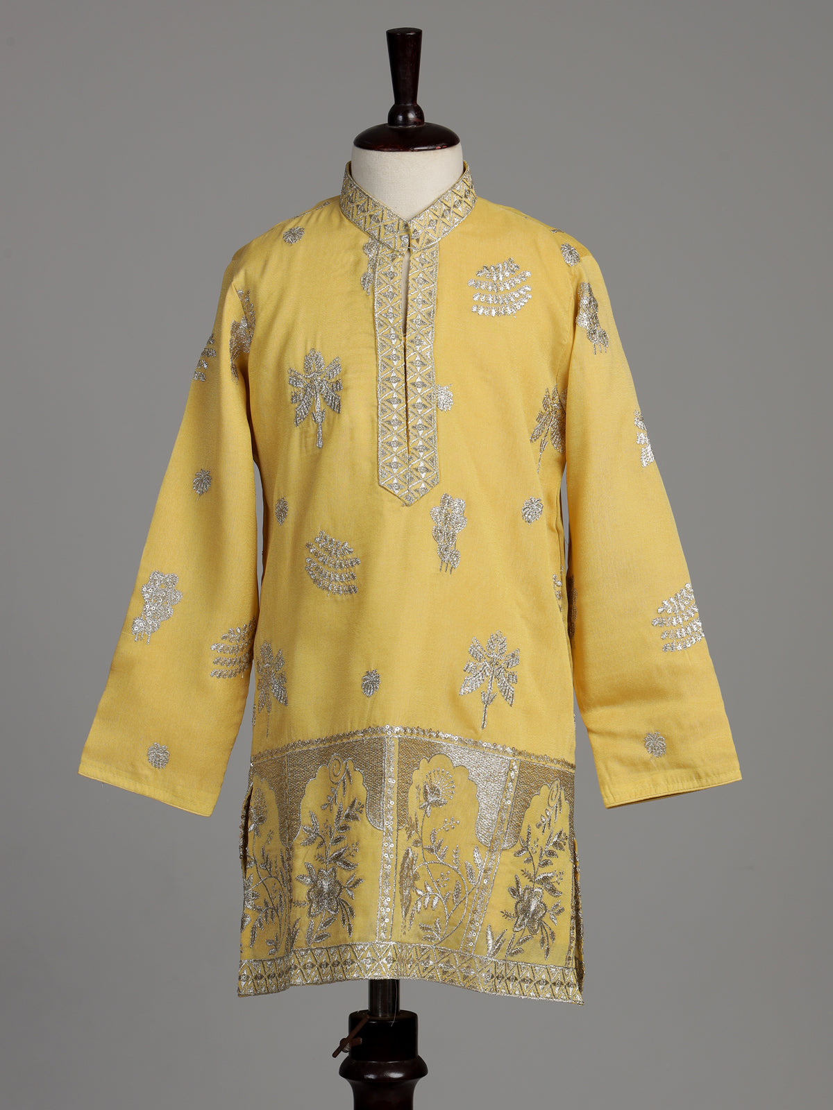 Bright mustard yellow dupion silk blend boys kurta suit with silver embroidery
