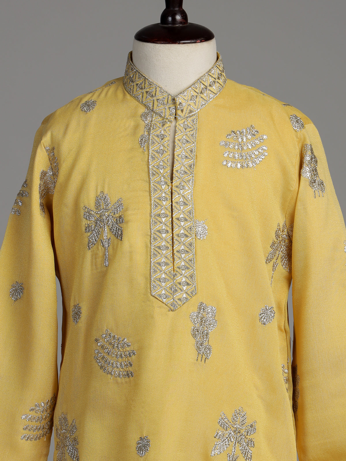 Bright mustard yellow dupion silk blend boys kurta suit with silver embroidery