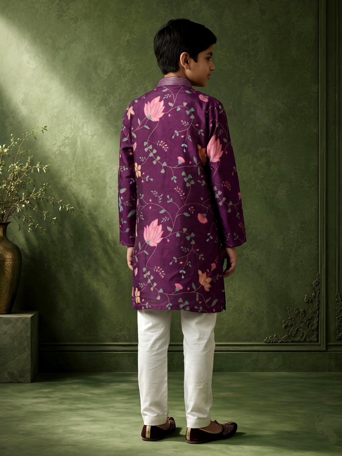Royal violet silk blend boys kurta suit with floral vine print
