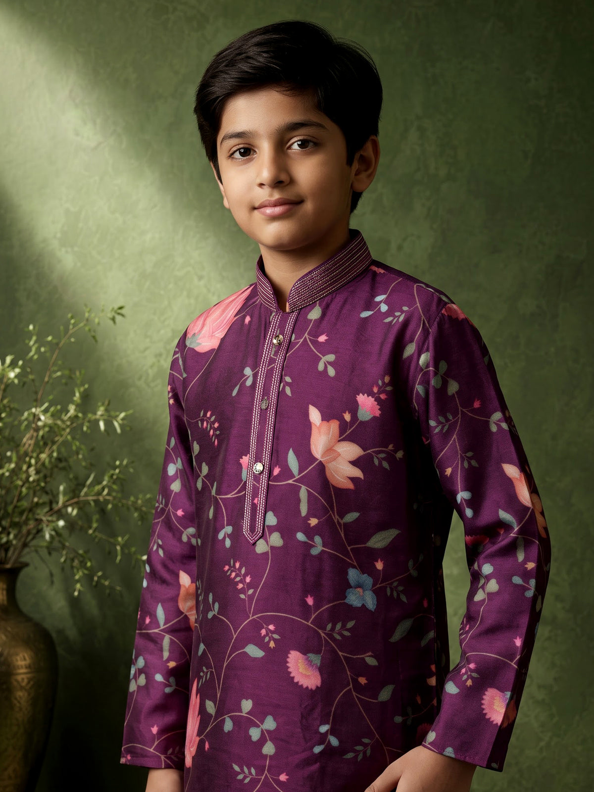 Royal violet silk blend boys kurta suit with floral vine print