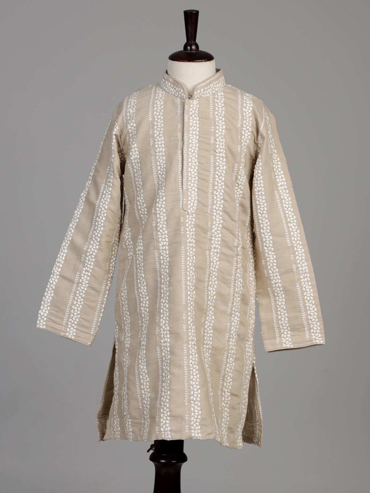 Oatmeal beige cotton silk boys kurta suit with botanical embroidery