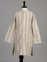 Oatmeal beige cotton silk boys kurta suit with botanical embroidery