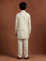 Cream silk blend boys waistcoat set with metallic geometric embroidery