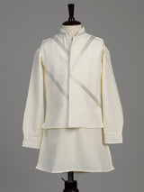 Cream silk blend boys waistcoat set with metallic geometric embroidery
