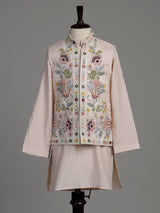 Soft blush pink silk blend boys waistcoat set with sequin work