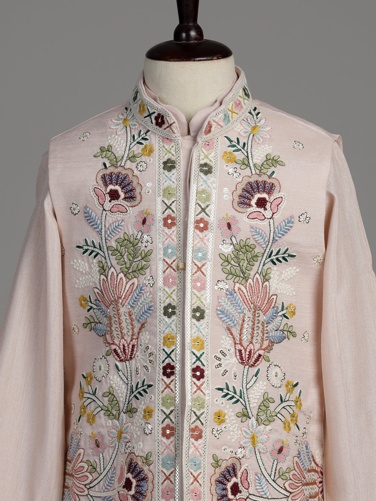 Soft blush pink silk blend boys waistcoat set with sequin work