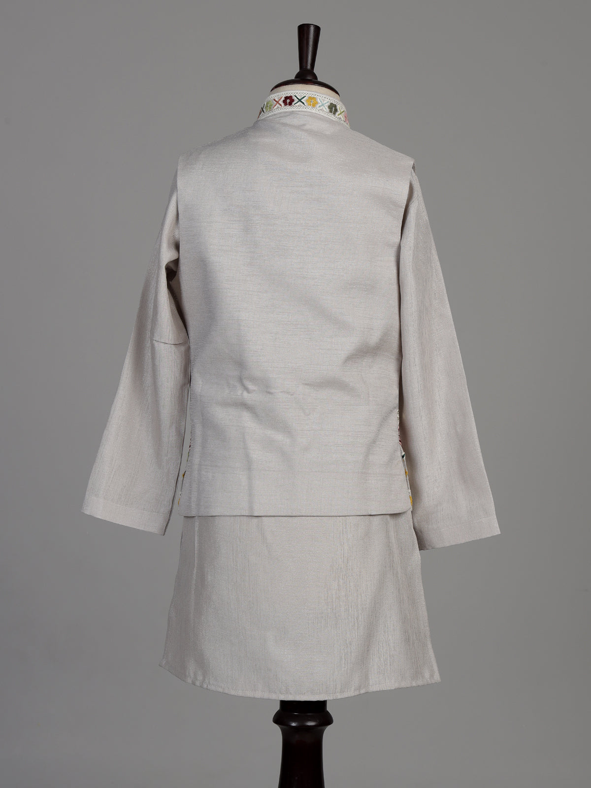 Silver-grey silk blend boys waistcoat set with floral sequin detailing