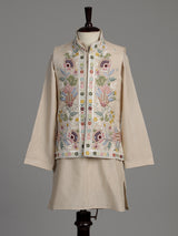 Natural beige silk blend boys waistcoat set with multicolour embroidery