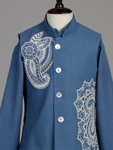 Cadet blue linen silk boys waistcoat set with ivory floral embroidery