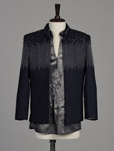 Dark navy blue terry rayon boys Indo-Western suit with black sequin detailing