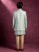 Pastel mint green silk boys Indo-Western suit with ornate floral embellishments
