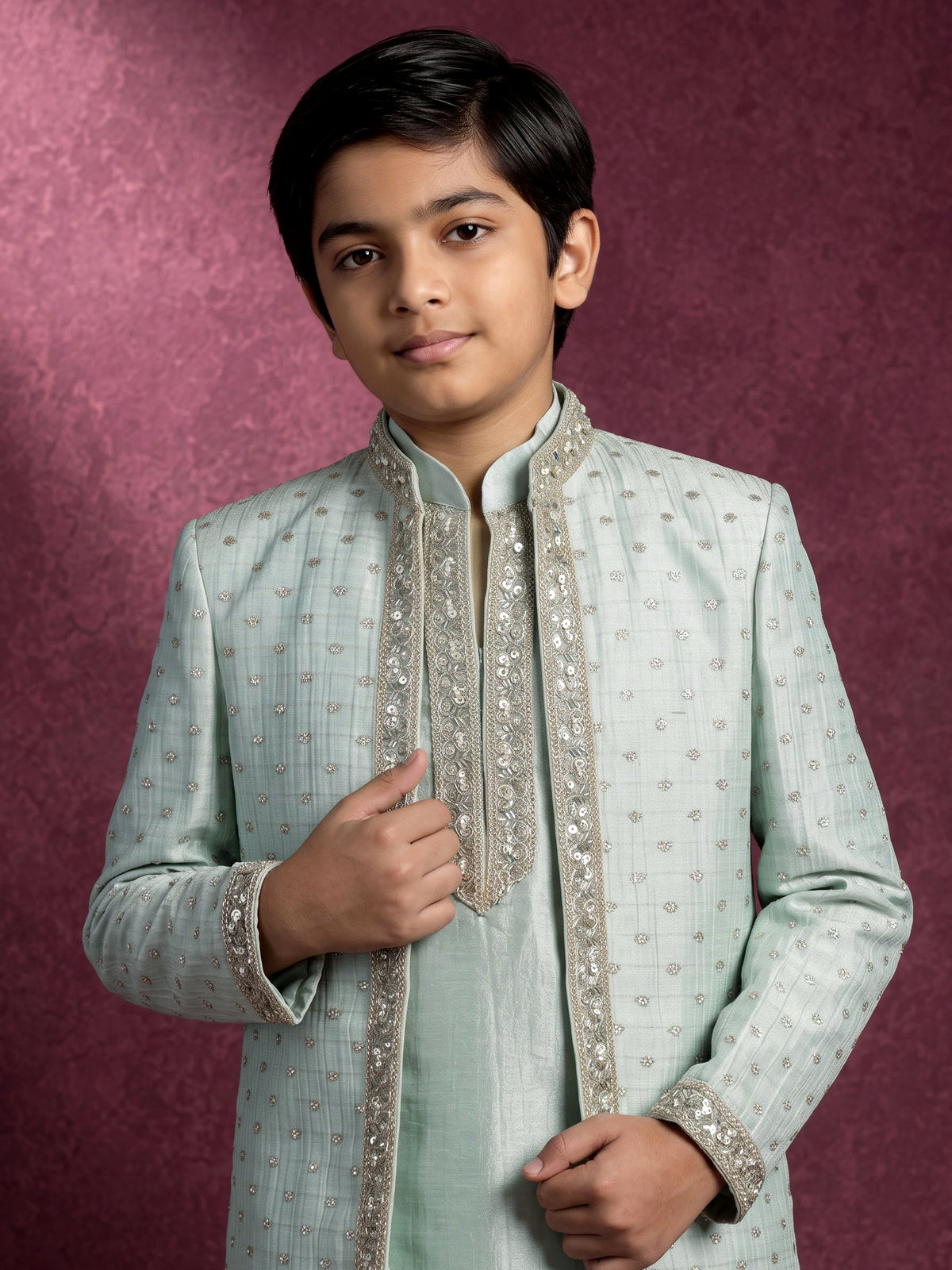 Pastel mint green silk boys Indo-Western suit with ornate floral embellishments