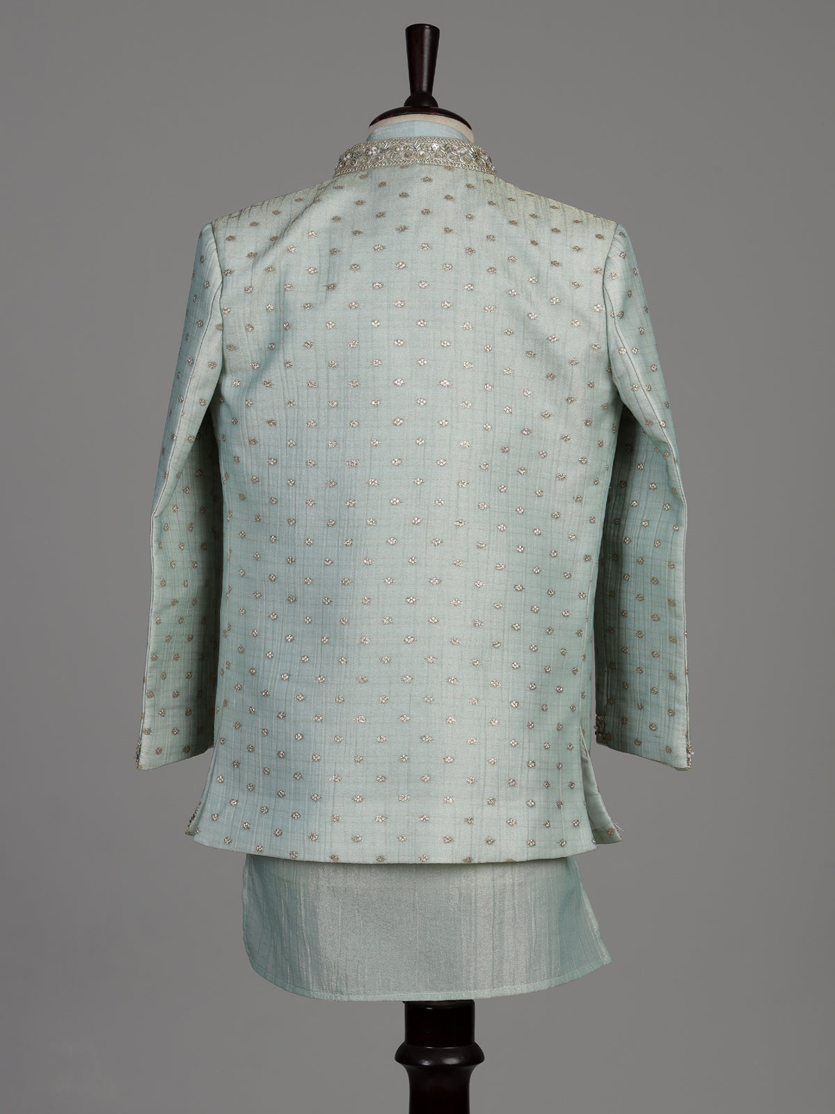 Pastel mint green silk boys Indo-Western suit with ornate floral embellishments