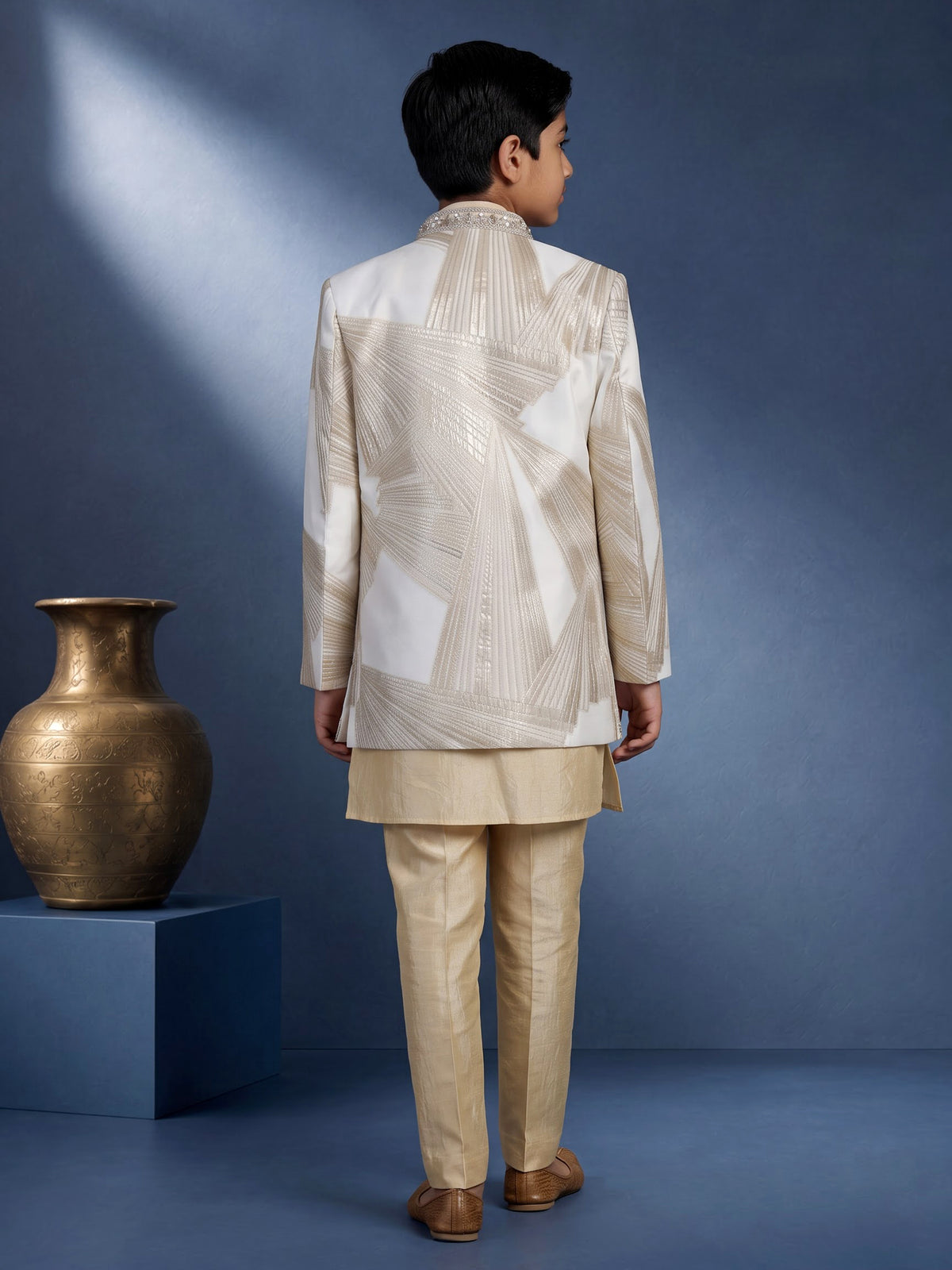 White and cream silk blend boys Indo-Western suit