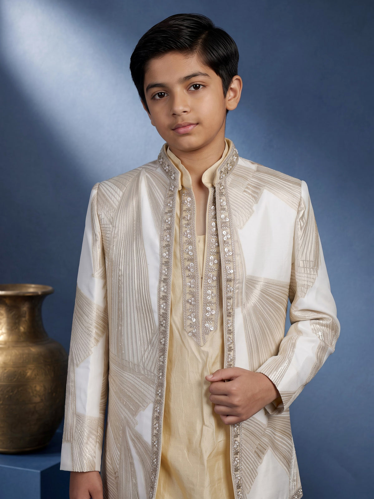 White and cream silk blend boys Indo-Western suit