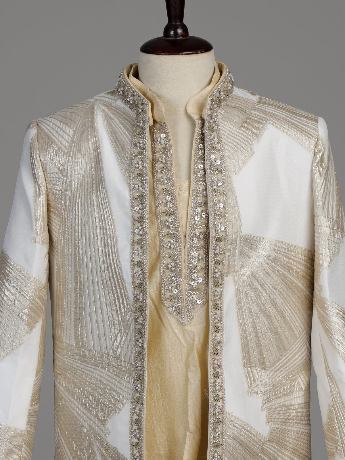 White and cream silk blend boys Indo-Western suit
