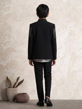 Black terry rayon boys Indo-Western suit with cascading cutdana embellishments