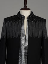 Black terry rayon boys Indo-Western suit with cascading cutdana embellishments