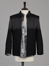Black terry rayon boys Indo-Western suit with cascading cutdana embellishments