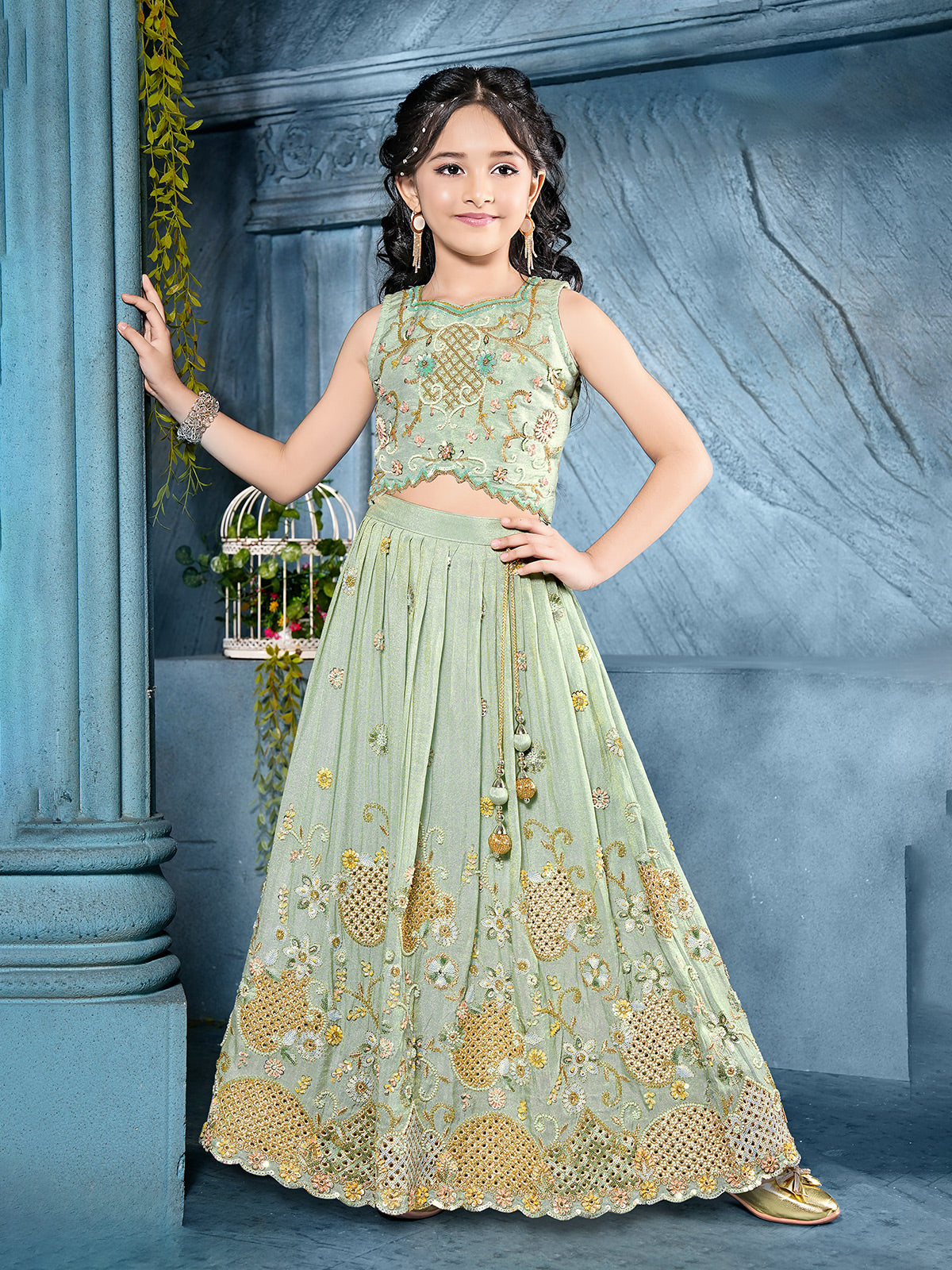 Pista green crepe silk girl lehenga choli