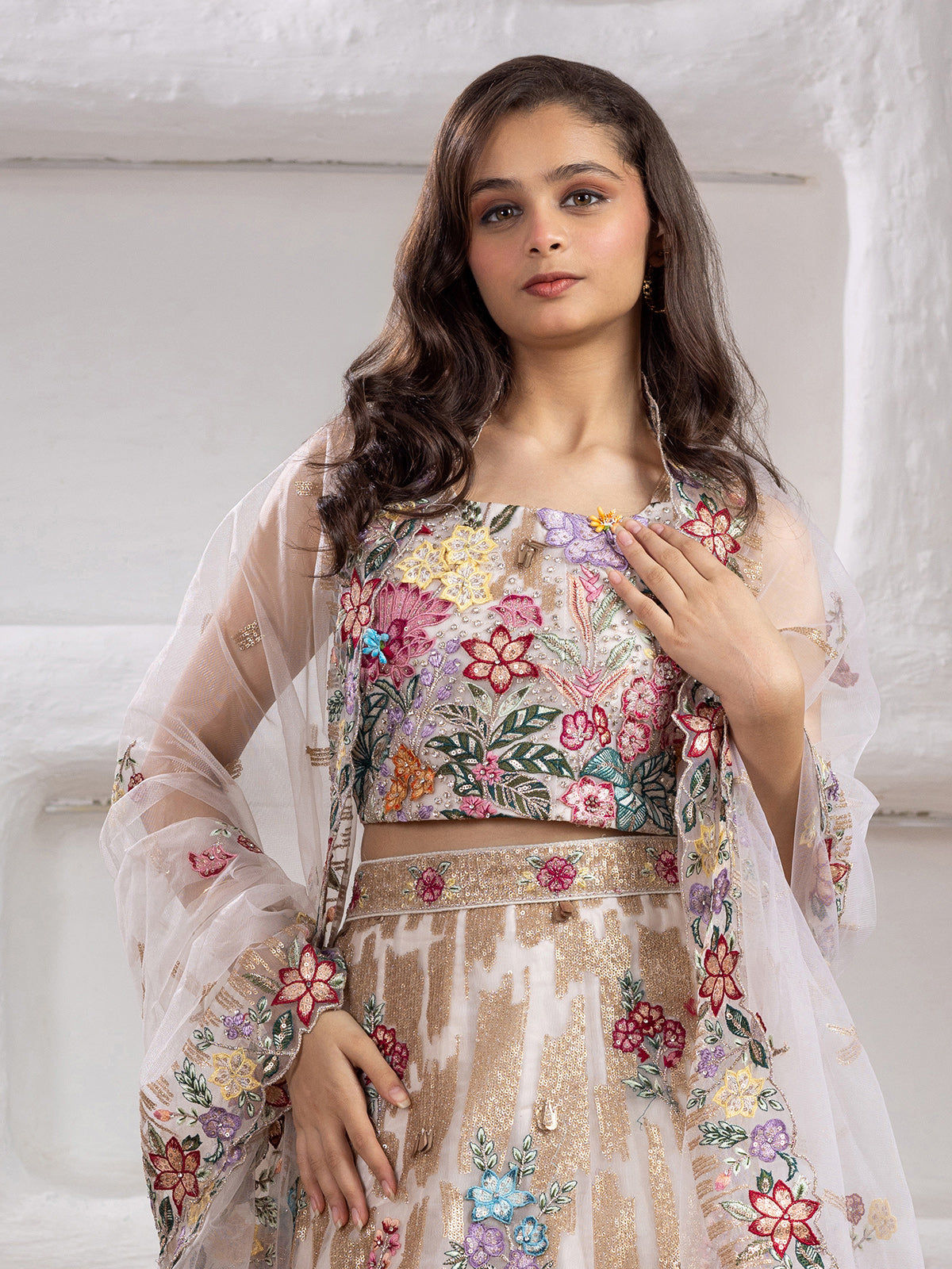 White botanical tapestry girl lehenga choli