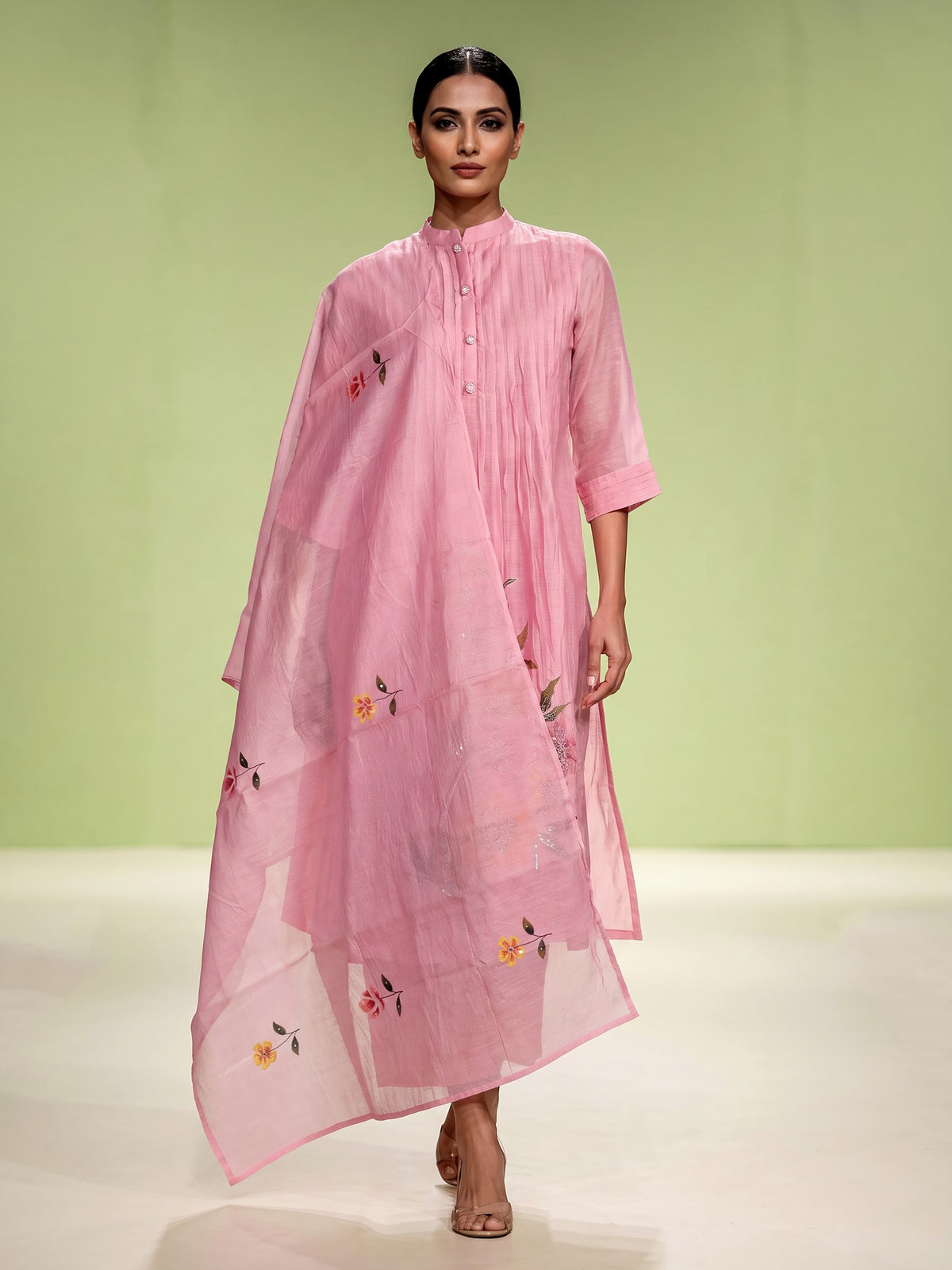 Pink botanical spray women kurti set