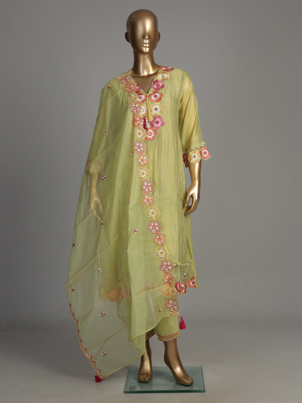 Green mirror rosette women kurti set